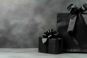samenstelling van zwart vrijdag boodschappen doen kar met geschenk dozen of Tassen Aan donker achtergrond en kopiëren ruimte concept door ai gegenereerd foto