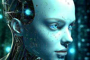 3d renderen technologie robotica gegevens analytics of futuristische cyborg met kunstmatig intelligentie- concept door ai gegenereerd foto