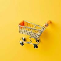 samenstelling van boodschappen doen kar of trolley met geschenk dozen of Tassen. cyber maandag verkoop of boodschappen doen dag concept door ai gegenereerd foto