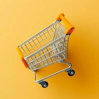 samenstelling van boodschappen doen kar of trolley met geschenk dozen of Tassen. cyber maandag verkoop of boodschappen doen dag concept door ai gegenereerd foto