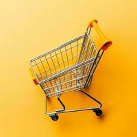 samenstelling van boodschappen doen kar of trolley met geschenk dozen of Tassen. cyber maandag verkoop of boodschappen doen dag concept door ai gegenereerd foto