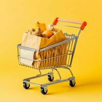 samenstelling van boodschappen doen kar of trolley met geschenk dozen of Tassen. cyber maandag verkoop of boodschappen doen dag concept door ai gegenereerd foto