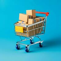 samenstelling van boodschappen doen kar of trolley met geschenk dozen of Tassen. cyber maandag verkoop of boodschappen doen dag concept door ai gegenereerd foto