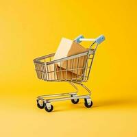 samenstelling van boodschappen doen kar of trolley met geschenk dozen of Tassen. cyber maandag verkoop of boodschappen doen dag concept door ai gegenereerd foto