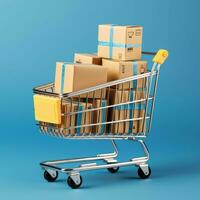 samenstelling van boodschappen doen kar of trolley met geschenk dozen of Tassen. cyber maandag verkoop of boodschappen doen dag concept door ai gegenereerd foto