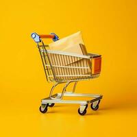 samenstelling van boodschappen doen kar of trolley met geschenk dozen of Tassen. cyber maandag verkoop of boodschappen doen dag concept door ai gegenereerd foto