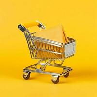 samenstelling van boodschappen doen kar of trolley met geschenk dozen of Tassen. cyber maandag verkoop of boodschappen doen dag concept door ai gegenereerd foto