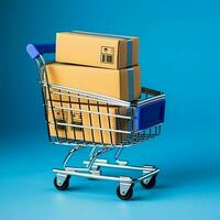 samenstelling van boodschappen doen kar of trolley met geschenk dozen of Tassen. cyber maandag verkoop of boodschappen doen dag concept door ai gegenereerd foto