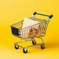 samenstelling van boodschappen doen kar of trolley met geschenk dozen of Tassen. cyber maandag verkoop of boodschappen doen dag concept door ai gegenereerd foto