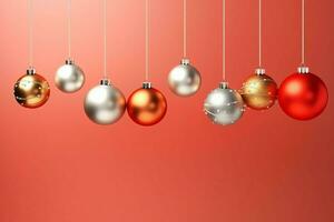 Kerstmis achtergrond met Kerstmis ballen ornamenten hangende met kopiëren ruimte. Kerstmis decoratie concept door ai gegenereerd foto