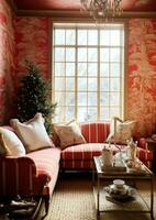 knus leven kamer met mooi Kerstmis boom en rood cadeaus in modern interieur. interieur van leven kamer versierd voor vrolijk Kerstmis met sokken, geschenk dozen en Kerstmis accessoires door ai gegenereerd foto