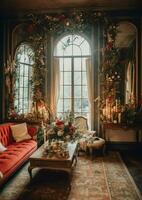 knus leven kamer met mooi Kerstmis boom en rood cadeaus in modern interieur. interieur van leven kamer versierd voor vrolijk Kerstmis met sokken, geschenk dozen en Kerstmis accessoires door ai gegenereerd foto