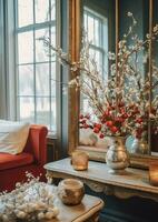 knus leven kamer met mooi Kerstmis boom en rood cadeaus in modern interieur. interieur van leven kamer versierd voor vrolijk Kerstmis met sokken, geschenk dozen en Kerstmis accessoires door ai gegenereerd foto