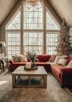 knus leven kamer met mooi Kerstmis boom en rood cadeaus in modern interieur. interieur van leven kamer versierd voor vrolijk Kerstmis met sokken, geschenk dozen en Kerstmis accessoires door ai gegenereerd foto