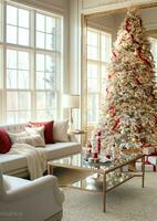 knus leven kamer met mooi Kerstmis boom en rood cadeaus in modern interieur. interieur van leven kamer versierd voor vrolijk Kerstmis met sokken, geschenk dozen en Kerstmis accessoires door ai gegenereerd foto