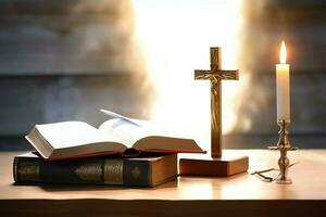 dichtbij omhoog van een heilig Bijbel en christen kruis Aan houten tafel. gelukkig mooi zo vrijdag of religie concept door ai gegenereerd foto