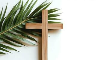 een christen houten kruis kruisbeeld teken met groen palm bladeren net zo religieus vakantie. palm zondag evenement concept door ai gegenereerd foto