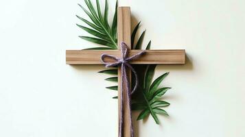 een christen houten kruis kruisbeeld teken met groen palm bladeren net zo religieus vakantie. palm zondag evenement concept door ai gegenereerd foto