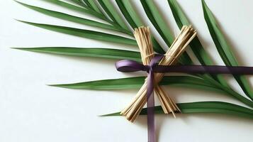 een christen houten kruis kruisbeeld teken met groen palm bladeren net zo religieus vakantie. palm zondag evenement concept door ai gegenereerd foto