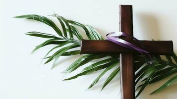 een christen houten kruis kruisbeeld teken met groen palm bladeren net zo religieus vakantie. palm zondag evenement concept door ai gegenereerd foto