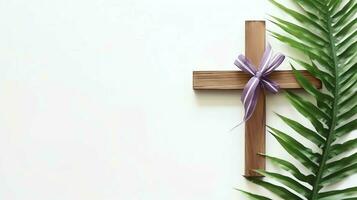 een christen houten kruis kruisbeeld teken met groen palm bladeren net zo religieus vakantie. palm zondag evenement concept door ai gegenereerd foto