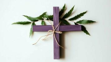 een christen houten kruis kruisbeeld teken met groen palm bladeren net zo religieus vakantie. palm zondag evenement concept door ai gegenereerd foto