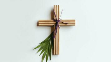 een christen houten kruis kruisbeeld teken met groen palm bladeren net zo religieus vakantie. palm zondag evenement concept door ai gegenereerd foto