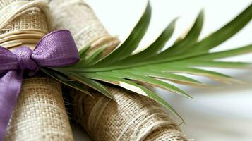 een christen houten kruis kruisbeeld teken met groen palm bladeren net zo religieus vakantie. palm zondag evenement concept door ai gegenereerd foto