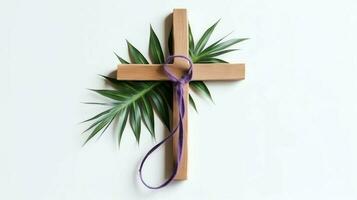 een christen houten kruis kruisbeeld teken met groen palm bladeren net zo religieus vakantie. palm zondag evenement concept door ai gegenereerd foto