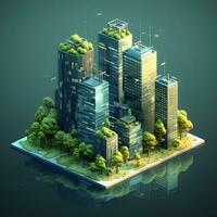 isometrische miniatuur stad achtergrond met wolkenkrabbers en groen bomen foto
