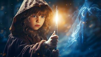 schattig weinig meisje met magie toverstaf Aan donker achtergrond foto