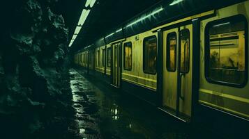 metro trein in de ondergronds passage Bij nacht foto