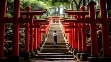 een jongen wandelen omhoog naar de rood torii poorten van fushimi inari Taisha altaar in kyoto, Japan foto