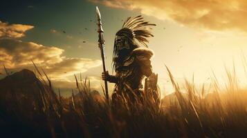 inheems Amerikaans Indisch krijger met speer in de veld- Bij zonsondergang foto