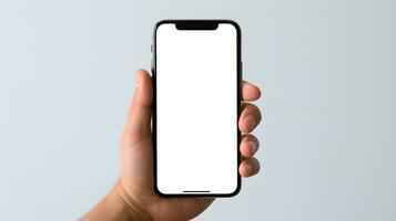 mannetje hand- Holding een smartphone voor mockup met geïsoleerd scherm Aan grijs achtergrond foto