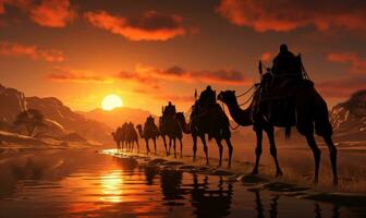 kameeldrijvers chauffeurs Aan kamelen silhouetten in duinen van thar woestijn Aan zonsondergang, generatief ai foto