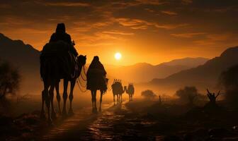 kameeldrijvers met rijden kamelen Bij zonsondergang, generatief ai foto