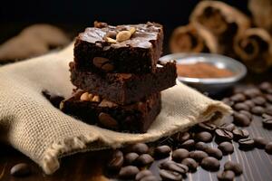 chocola brownies Aan zak en koffie bonen Aan een houten tafel, ai generatief foto