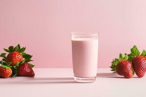 aardbei milkshake in een glas Aan een roze achtergrond. de concept van zomer zacht drankjes. generatief ai. foto