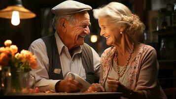 een ouderen paar in liefde, een Mens en een vrouw, zijn zittend Bij een tafel, op zoek Bij elk andere met liefde en glimlachen foto