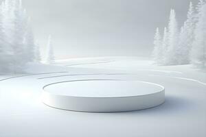 3d podium minimaal bespotten omhoog blanco stadium met landschap sneeuw winter tafereel, voor Product Scherm presentatie ontwerp, ai genereren foto