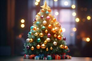 Kerstmis boom decoratie met lichten bokeh wazig achtergrond, ai genereren foto
