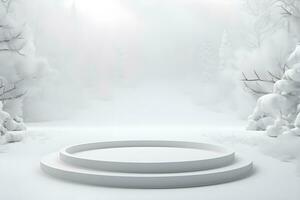 3d podium minimaal bespotten omhoog blanco stadium met landschap sneeuw winter tafereel, voor Product Scherm presentatie ontwerp, ai genereren foto