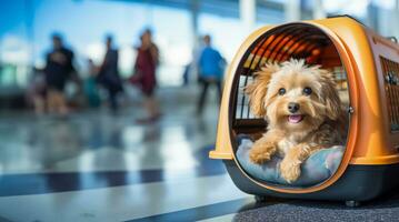 huisdier in een reizen vervoerder Bij de luchthaven foto