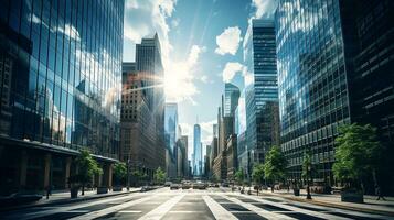 reflecterende wolkenkrabbers, bedrijf kantoor gebouwen. laag hoek visie van wolkenkrabbers in stad, zonnig dag. bedrijf behang met modern wolkenkrabbers met gespiegeld ramen. generatief ai foto