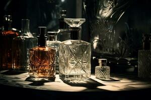 parfum fles of whisky fles in elegant stijl Aan een mockup stijl achtergrond foto