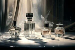 parfum fles of whisky fles in elegant stijl Aan een mockup stijl achtergrond foto