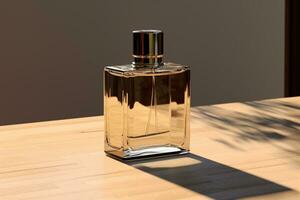 parfum fles of whisky fles in elegant stijl Aan een mockup stijl achtergrond foto