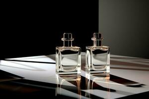 parfum fles of whisky fles in elegant stijl Aan een mockup stijl achtergrond foto