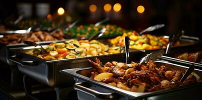 catering buffet voedsel binnen- in restaurant met vlees kleurrijk fruit en groenten. ai generatief foto